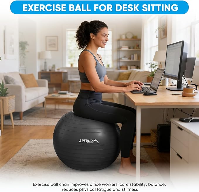 APEXUP Yoga Ball Exercise Ball Anti Slip Heavy Duty for Fitness, Balance & Core Workout, Balance Training, Pregnancy & Physical Therapy, 5 Sizes