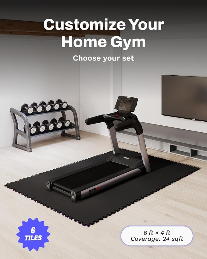 AIRHOP 0.56in Thick 24 Sq Ft Exercise Equipment Mats, 6 Tiles Upgraded Rubber Top with High Density EVA Foam, Large Interlocking Puzzle Gym Flooring for Home Gym, Heavy Weight Workout,Black