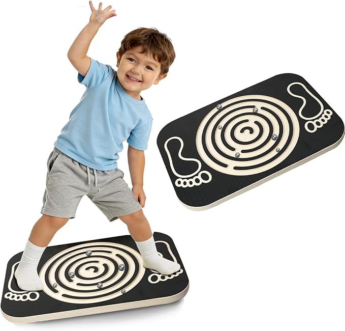 Balance Board Maze for Kids, 17.5-Inch Wobble Board Rocking Seesaw Sensory Training with 6 Balls, Non-Slip Pedals Indoor Outdoor for Boys Girls