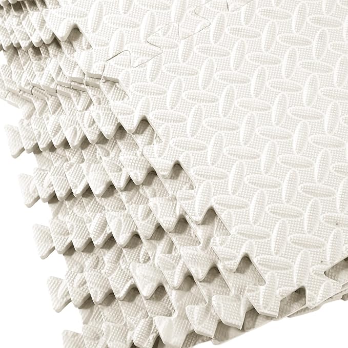 Shihanee Foam Floor Tiles Foam Floor Mats Play Mats Bulk with Borders Interlocking for Bedroom Gym Nursery(11.8 x 11.8 Inch,Ivory White)