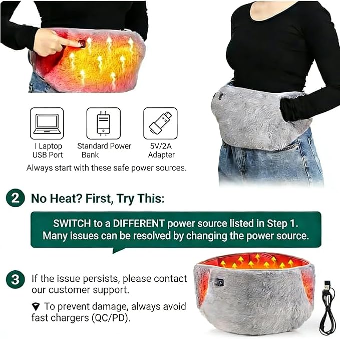 3-in-1 Heating Waist Belt: Heating Pad for Back Comfort & Warmth + Portable Hand Warmer, USB Powered (Power Bank Not Included), 3-Temp Adjustable Heat Wrap for Women, Gray