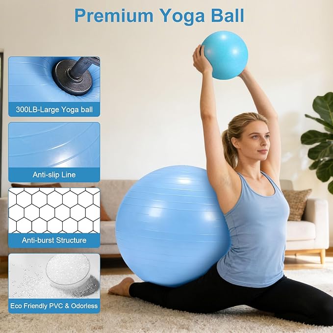 4Pcs Yoga Ball Set includes Large and 9in Pilates Balls, Massage & Spiky Ball for Fitness ,Anti-Burst Exercise Ball with Pumb for Pregnancy,Physical Therapy,Office Chair, Home Workout,3Sizes,3Colors
