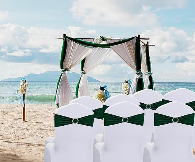 Stretch Spandex Hunter Green Chair Sashes Bows 50 Pack - Universal Chair Bands with Silver Buckle for Wedding Party Engagement Banquets Bridal Shower Events Decorations