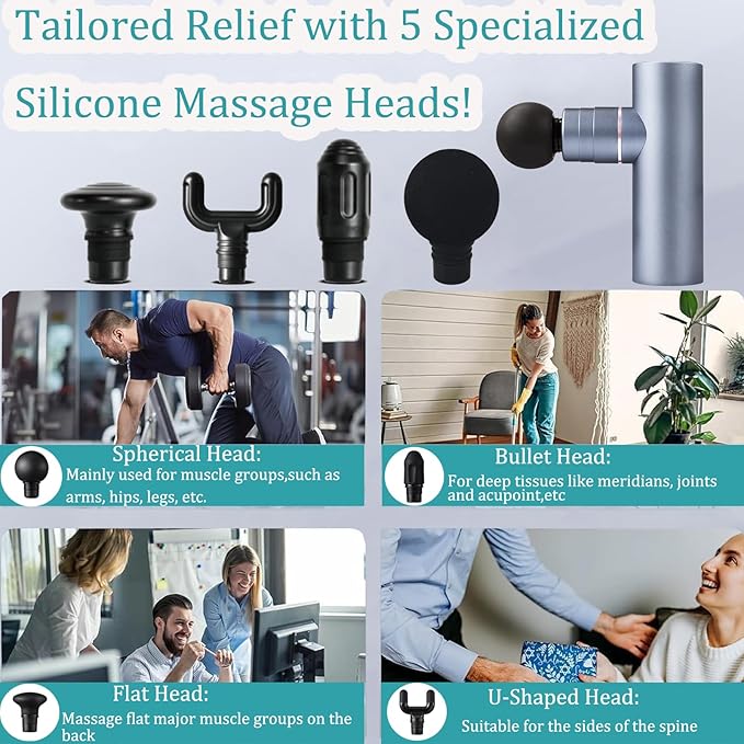 Mini Massage Gun for Pain Relief, Deep Tissue Percussion Muscle Massager with 4 Attachments, Rechargeable & Portable, Electric Handheld Massager Gun for Back, Neck, Sore Muscles, for Home Office