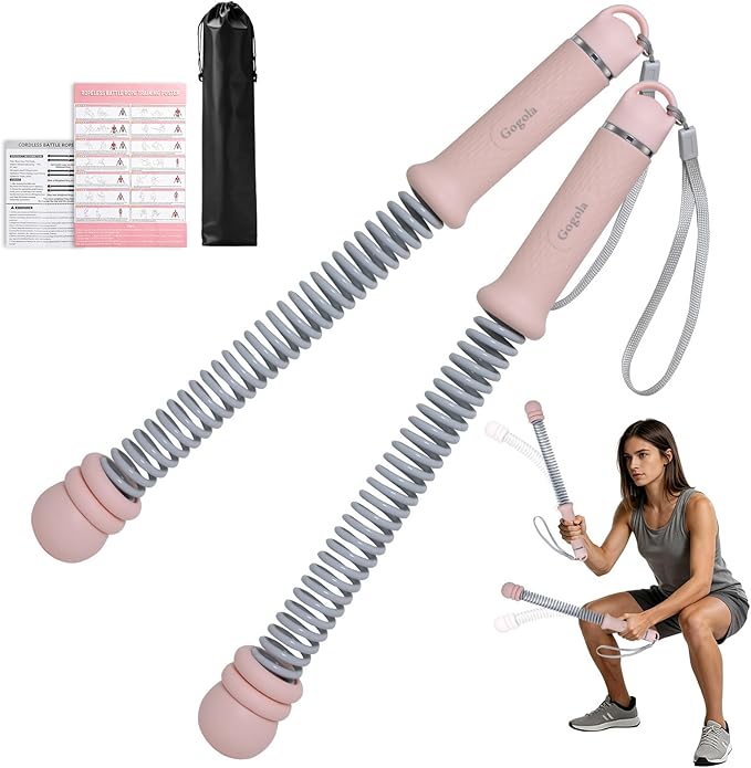 Cordless Battle Rope, Adjustable Weights Ropeless Battle Ropes for Home Gym, Portable Silent Battle Rope Sticks with Storage Bag & Training Poster, Perfect for HIIT & Strength Training (Pink)