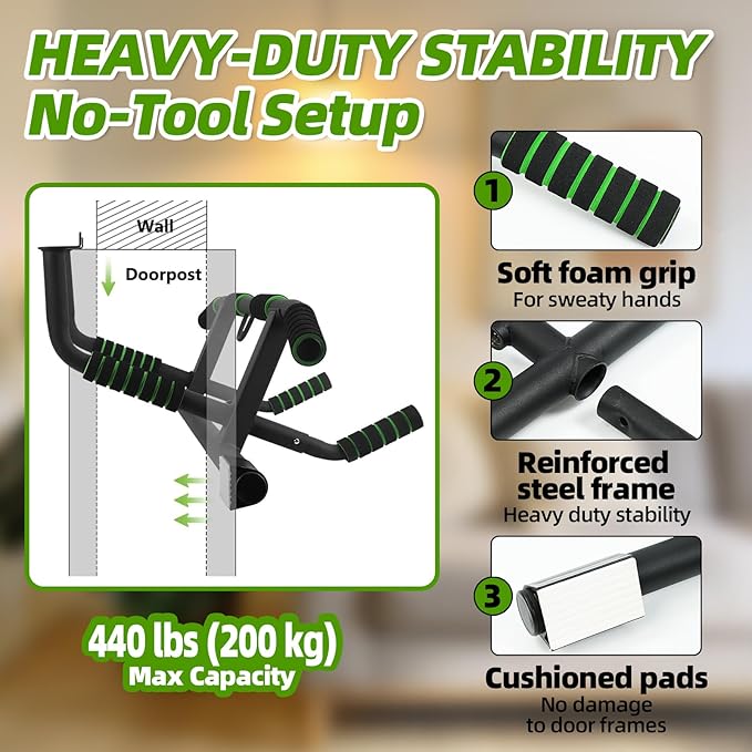 Upgrade Pull Up Bar for Doorway with Ergonomic Grip, Max Load 440 lbs No Screws Pullup Bar for Home Gym Indoor Exercise Strength Training, Authorized Under US Patent