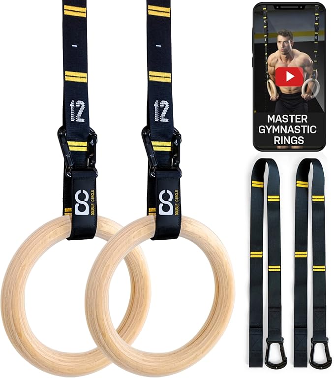 Double Circle Wood Gymnastics Rings with Quick Adjust Numbered Straps and Exercise Videos Guide - Full Body Workout Rings, Calisthenics, Home Gym (Multi-Size)
