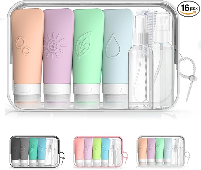16-Piece Silicone Travel Bottles Set – TSA Approved Leakproof Toiletry Kit with Flat Easy-Squeeze Bottles, Pump & Spray, Waterproof Bag