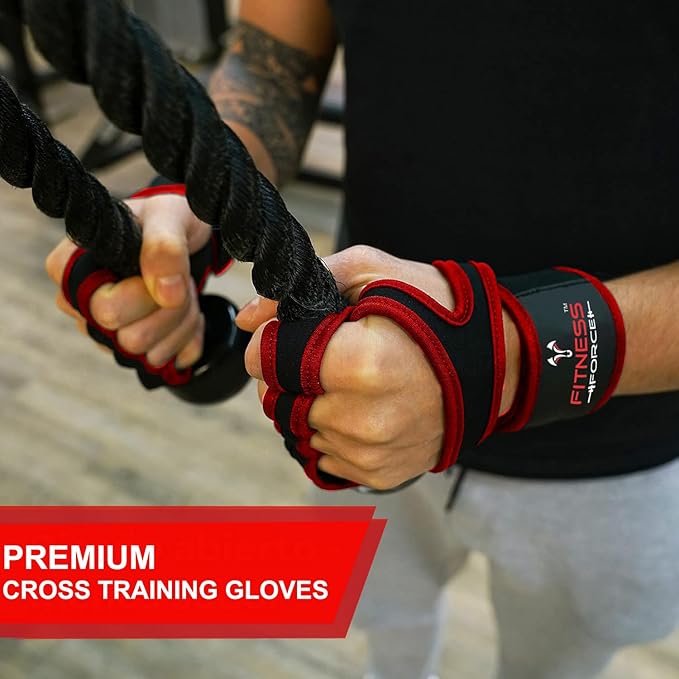 FITNESS FORCE Ventilated Weightlifting Gloves Workout Gloves for Men & Women with Built-in Wrist Wraps Fingerless Gym Gloves for Men Perfect for Exercise Fitness, Weight Lifting, Cross Training