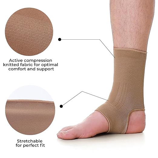 NeoTech Care Ankle Support Sleeve - Open Heel, Light, Elastic & Breathable Knitted Fabric - Medium Compression - For Men, Women, Kids - Right or Left Foot (Beige Color, Size L, 1 Unit)