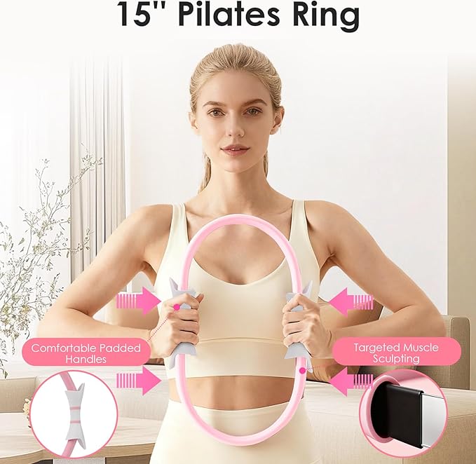 16 PCS Pink Pilates Ring and Ball Set for Women with 15" Magic Circle, Home Pilates Equipment Kit with Adjustable 1LB Ankle Wrist Weight, Resistance Band, Gliding Discs, Pilates Essentials Accessories