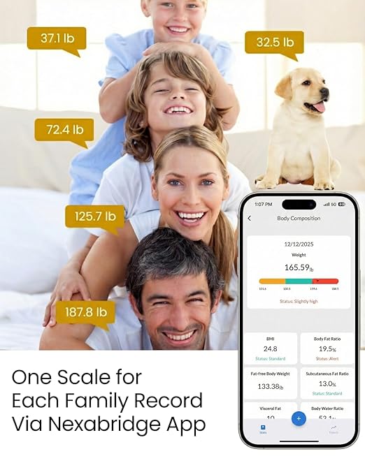 Smart Scale for Body Weight, BMI, Body Fat, Muscle Mass, 11" Large Digital Bathroom Scale, 12 Body Composition Analysis, Sync App, Bluetooth, LED Display, 400 lbs - Nexa 1