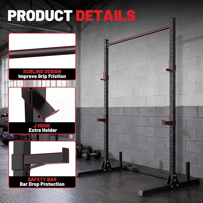 papababe Squat Rack with Pull Up Bar for Home Gym, Adjustable Power Cage with J-Hooks, 800LB Capacity Multi-Functional Bench Press Power Rack for 6FT, 7FT Barbell, Weight Lifting Rack
