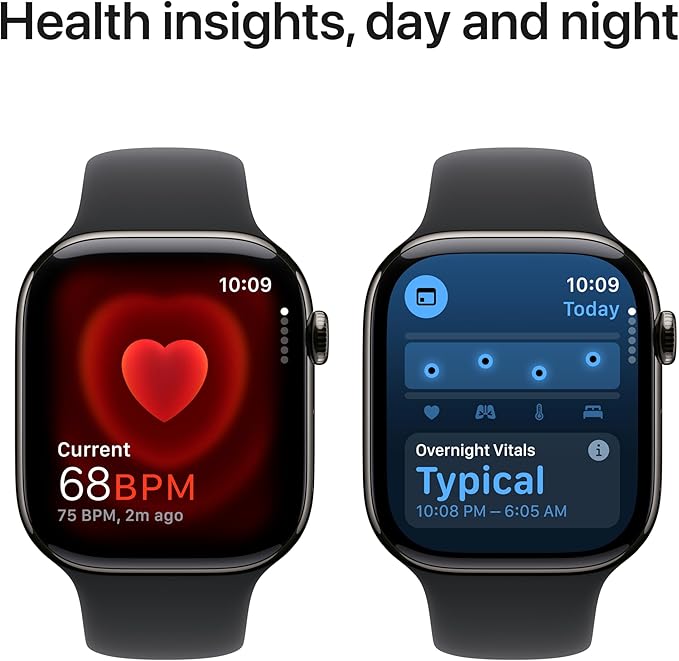 Apple Watch Series 10 [GPS + Cellular 46mm] with Slate Titanium Case with Black Sport Band - M/L. Fitness Tracker, ECG App, Always-On Retina Display, Water Resistant with AppleCare+ (2 Years)