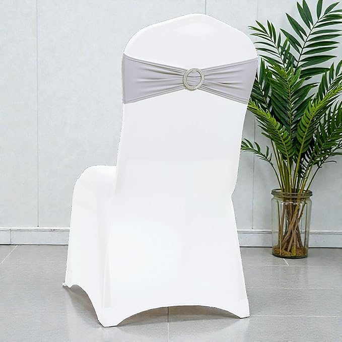 MDS Pack of 150 Spandex Chair Sashes Bow Universal fits Elastic Stretch Chair Bands Ties with Buckle for Wedding Party Banquet Events Decoration Spandex Slider Sashes Bow - Light Silver