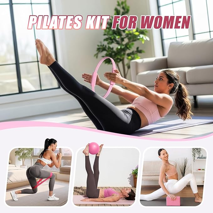 ALongSong Pilates Kit for Women, 13.7in Silicone Pilates Ring with 5 Resistance Bands, 1 Yoga Ball, 1 Yoga Block, 2 Core Sliders, Video Guide for Full Body Home Workouts