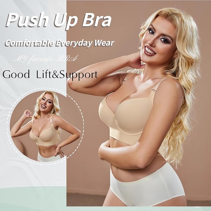 Super Push Up Bra Smoothing Back Fat Bra with Support Comfortable Seamless T Shirt Bra (34B-46DD)