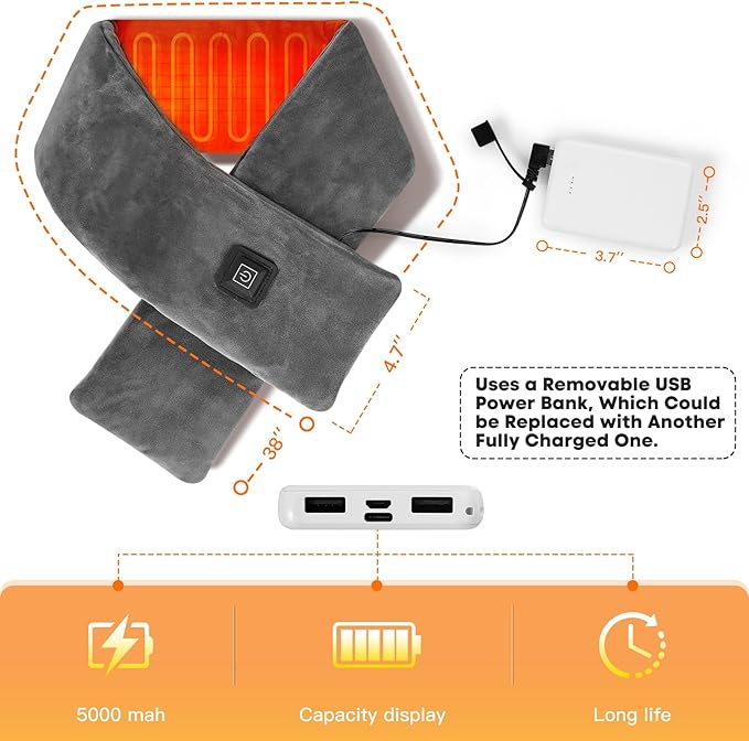 Neck Heating Pad Cordless, Rechargeable Heated Scarf with 5000mAh Power Bank, Portable Neck Warmer with 3 Heating Levels, Heating Pad for Neck Pain Relief and Stiffness, Christmas Gift, Grey