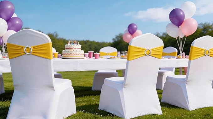 Wedding Yellow Chair Sashes 100 Pack Spandex Chair Bands with Buckles Stretch Chairs Bows for Party Birthday Bridal Shower Engagement Anniversary Christmas Event Decorations