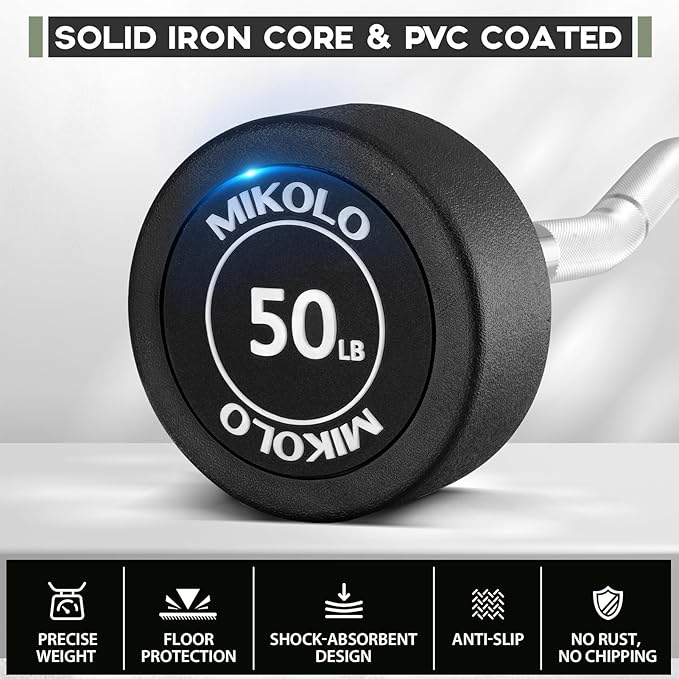 Mikolo Fixed Barbell, Pre-Loaded Weight EZ Curl Bar, PVC Barbell Weight Set for Strength Training and Weightlifting
