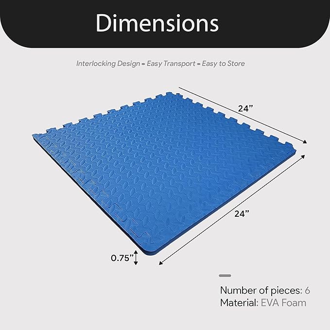 BalanceFrom Puzzle Exercise Mat 3/4' Thick, EVA Interlocking Foam Floor Tiles for Home Gym, Mat for Home Workout Equipment, Floor Padding for Kids, Blue, 24 in x 24 in x 3/4 in, 24 Sq Ft - 6 Tiles