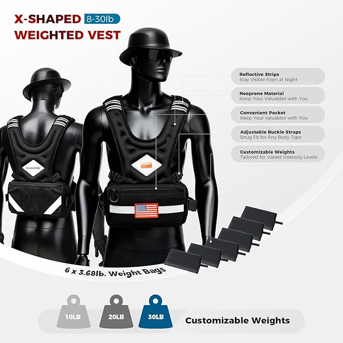 Weighted Vest Woman & Men, 6-10lb/8-20lb/8-30lb Adjustable weighted Vest With Pockets & Reflective Strips for Walking, Running, Hiking,Rucking, Workout, Strength Training