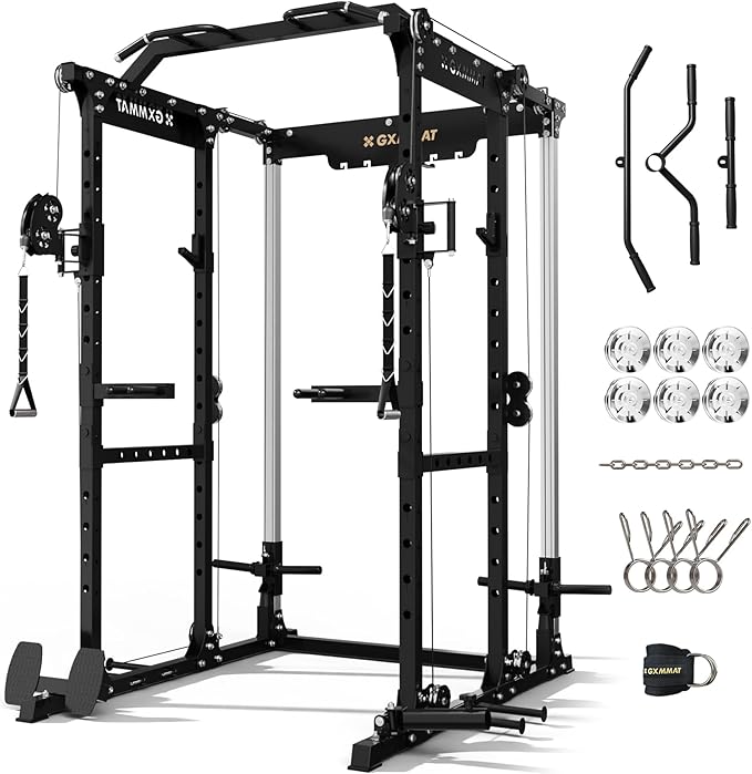 Gxmmat X6 Power Cage, 2200LB Multi-Function Power Rack with Independent Dual Aluminum Pulley System, Squat Rack for Home Gym Strength Training Equipment, Heavy-Duty Steel Construction