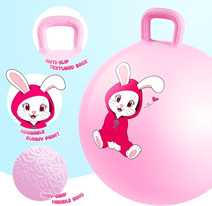 PlayZap Hopper Balls for Kids 3-8, 18 Inches Bouncy Ball with Handle, 18" Inflatable Bouncing Hopper, Pink Rabbit Jumping Toys, Garden Hopping Toys Girls Boys Easter Gifts