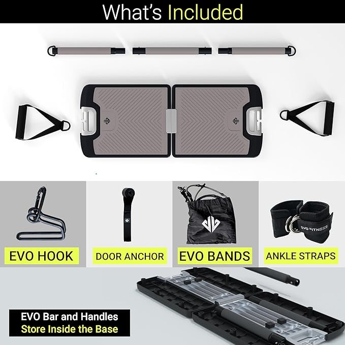 EVO Gym - Portable Home Gym Strength Training Equipment, At Home Gym | All in One Gym - Resistance Bands, Base Holds Gym Bar & Handles for Travel | Portable Gym & Home Exercise Equipment