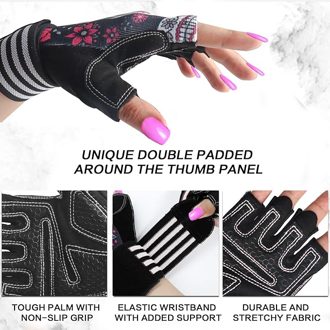 Weight Lifting Gloves for Women Gym Workout with Wrist Support,Padded Half Finger Gloves for Fitness Exercise