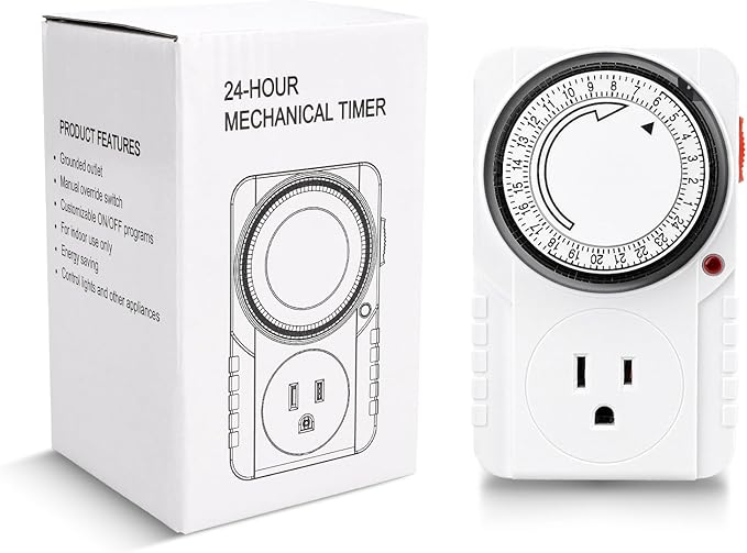 Baomain 24-Hour Indoor Mechanical Timer, 15A 125VAC ON/Off Single Outlet,3-Prong Plug Timer BND-60/U39N,ETL Listed