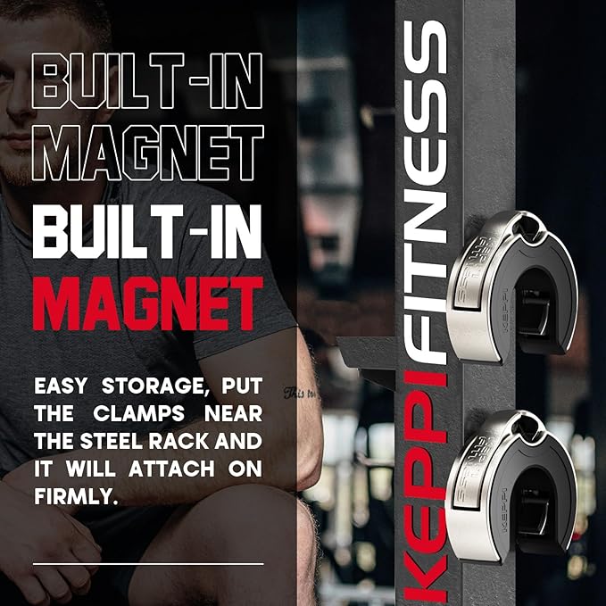 KeppiFitness Barbell Clamps, 2-Inch Aluminum Barbell Clips with Magnetic Storage, Fast Locking & Removal - OPENCOLLAR (Silver,Black)
