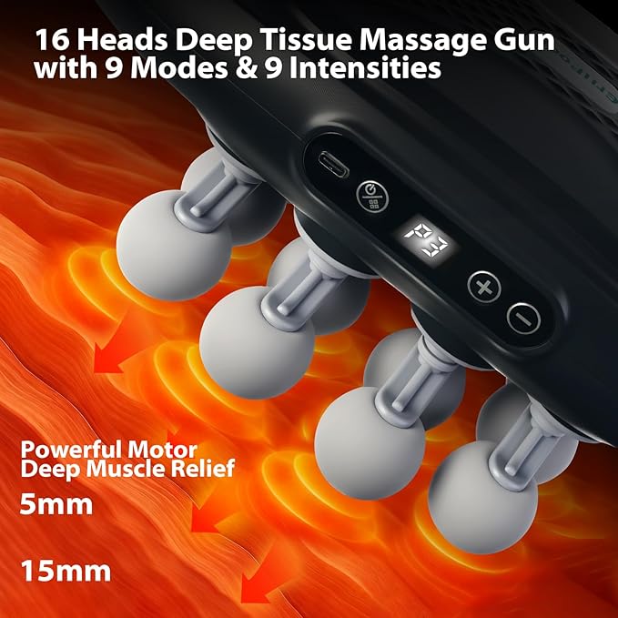 16 Head Massage Gun, Deep Tissue Percussion Massager with 9 Intensity Levels for Neck, Back, Shoulders, Legs Pain Relief & Recovery