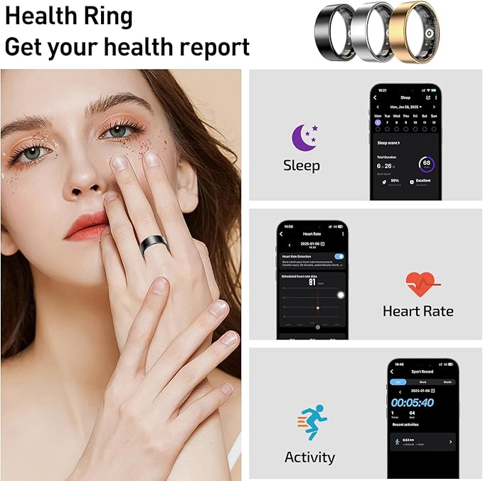Smart Ring Health Tracker, Sleep&Exercise Monitor Heart Rate,Blood Oxygen,Fitness Trackers for Man&Women -Long Lasting Batteries,Waterproof Sleep Tracking Wearable (Silver, 12)