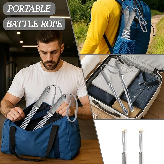 Ropeless Battle Ropes for Exercise Workout Rope, Portable Workout for Home Gym, Exercise Battle Ropes for HIIT Workouts, Low-Impact Cardio Training (Grey with Ring)