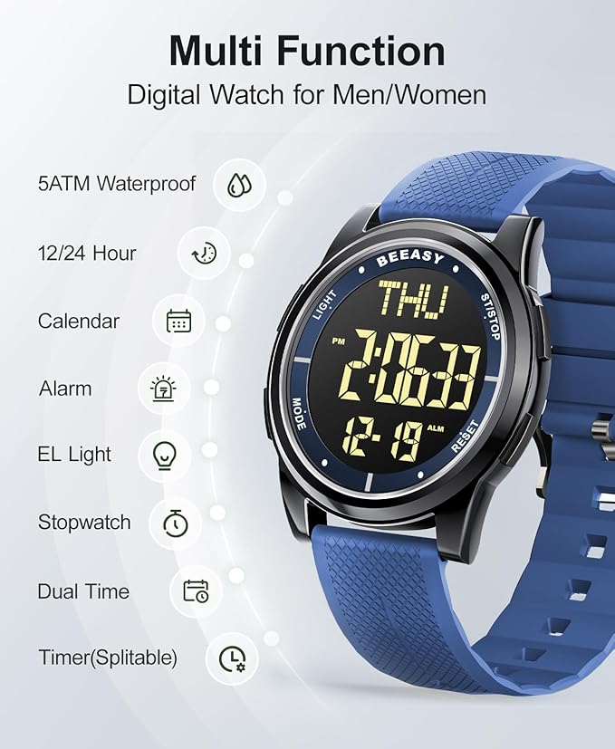 Beeasy Digital Watch for Men Women, 50M Waterproof, Ultra-Thin & Lightweight, 44mm Silicone Sports Watch with Alarm, Stopwatch, Countdown, Ideal for Gym, Running, School, Daily Wear