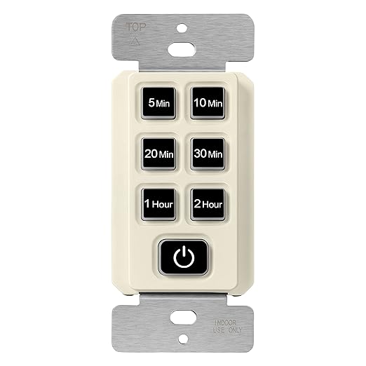TOPGREENER 2-Hour No Neutral Wire Countdown Timer Switch, 5-10-20-30 Min 1-2 Hour Settings, for Fans and Lights, 120VAC 60Hz, 1/2HP, 150W LED, UL Listed, TGT06-2H-JT-LA, Light Almond
