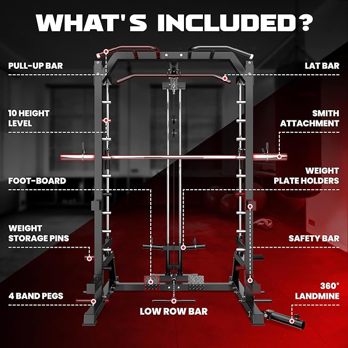 JELENS SR01 Smith Machine, 2000LBS Multi-Function Power Cage with LAT Pulldown System, All-in-One Home Gym Squat Rack with Smith Bar and Training Attachments for Full Body Workouts