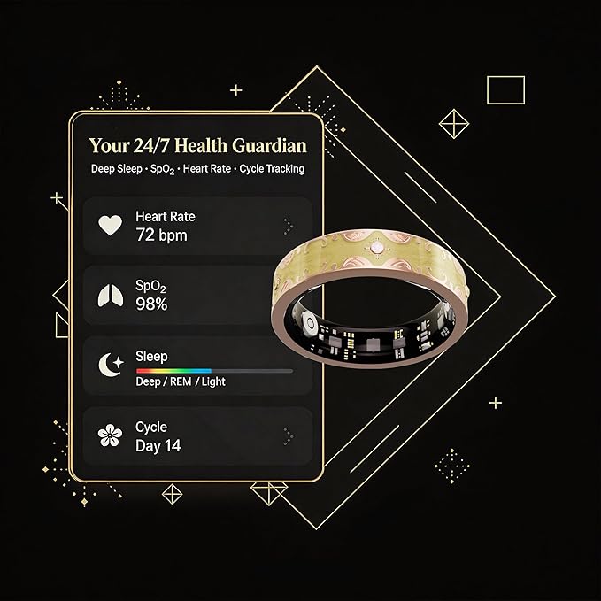 Smart Ring for Women Gift, Fitness & Vital Signs Monitoring, Sleep Tracker/Remote Photography/No Subscription(Yellow,10#)