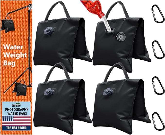 Eurmax USA 4Pcs Pack Water Weight Bags for Light Stand Photography Video Equipment,Heavy Duty Saddlebag for Backdrop Stand,Photo Tripod,Canopy,Umbrella Base,Fishing Chair,Picnic Table and etc(Black)