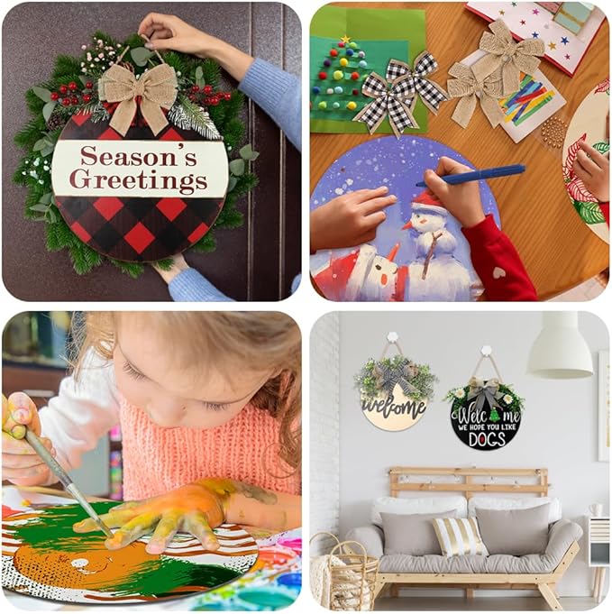 DIYDEC 6 Pack Wood Circles for Crafts 14 Inch Unfinished Wood Slices Blank Wooden Door Hanger Sign Round Wood Discs with Bows Twine Glue Point for DIY Crafts Painting Christmas Home Holiday Decor