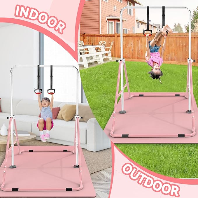 Gymnastics Bar for Kids with Gymnastics Rings, Height Adjustable Gymnastics Horizontal Bar, Foldable Bar Gymnastics Equipment for Home Room Indoor Outdoor Gym Practics, Gymnastic Bar