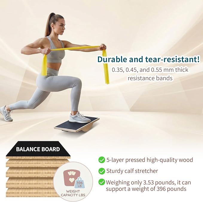 Thenshop Balance Board Trainer Set with Resistance Bands – Wooden Wobble Board for Core Strength, Stability & Balance Training, Includes 3 Tpe Exercise Bands