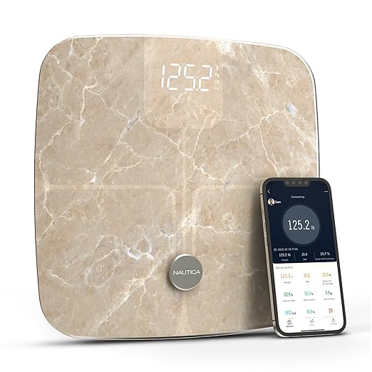 Nautica Body Tracker Digital Bathroom Scale, Bluetooth-Enabled Smart Scale with BMI, Body Fat, Muscle Mass Tracking & More, Syncs with Smartphone App for Body Composition Tracking, 440 Lbs.