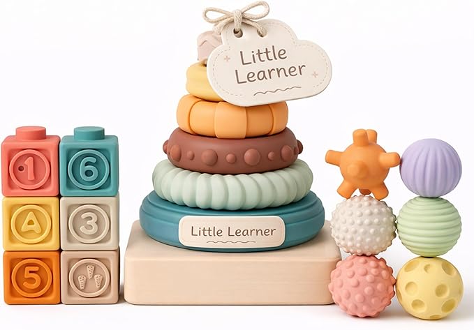 Montessori Toys for Babies, 3 in 1 Baby Toys 6 to 12 Months - Stacking Blocks & Sensory Balls & Soft Teething Rings, Newborn Learning Toys Activity Gifts for Toddlers 3-6-9-12 Months, 18PCS