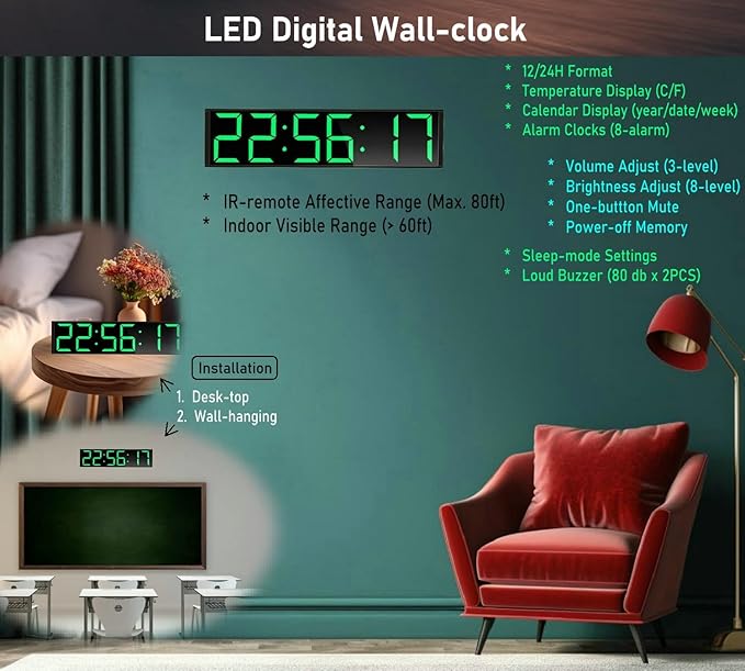 26'' Huge Clock (5.3'' Digits), Gym Timer, Home Gym Clock, Interval Workout Timer, with 8 Alarms, 7-Color Night Lights, for HIIT/Tabata/EMOM/FGB/Boxing (Green)