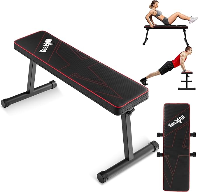Yes4All 41/45 Inches Flat Weight Bench - 2.5" Thick Cushion Foldable Bench Press with Non-Slip Foot Caps