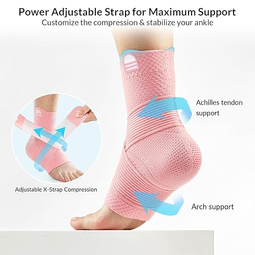 ZOELION Ankle Brace Compression Support with Removable Fishnet Strap, 3D Knit Plantar Fasciitis Relief Achilles Tendonitis Brace, Ankle Compression Sleeve for Pain Relief & Injury Healing, Pink/L