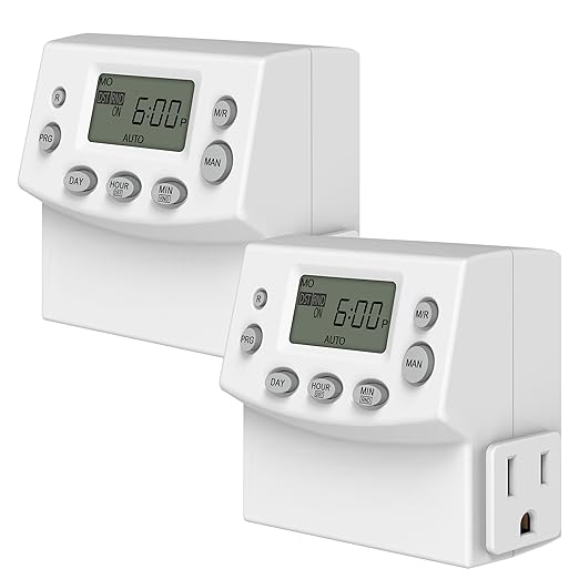 ENERLITES Heavy Duty Programmable Digital Plug-in Timer for Electrical Outlets, Timer Outlet for Lights, Lamps, Grounded Outlet, 7 Day Random, 120V 15A 1200W, HET07, White, 2 Pack
