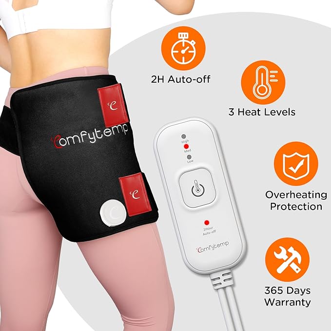 Comfytemp Hip Heating Pad, Hip Brace for Lower Back Thigh Buttock Support, Electric Heated Pad Hot Relax for Elderly, Birthday Valentines Day Get Well Gifts for Women Men Mom Dad, Black (S/M)